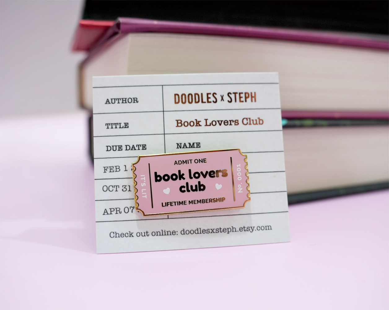 Book lovers club pin – gold enamel – pink, bookish