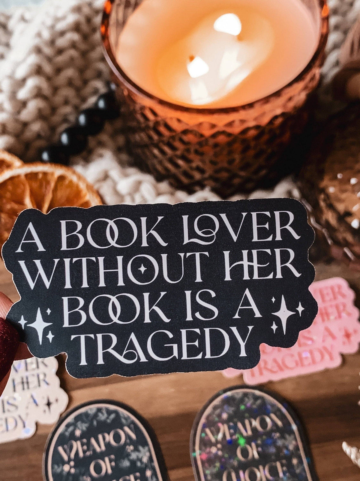 Book Lover Tragedy Sticker: Black w/White text / Matte WITH laminate