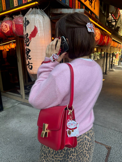 Hand-painted Lucky Cat Bag Charm & Keychain | Eco-Friendly