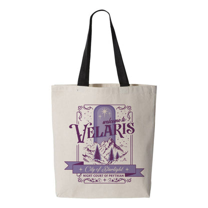 Velaris Destination Graphic Contrast Color Handle Tote Bag: Black