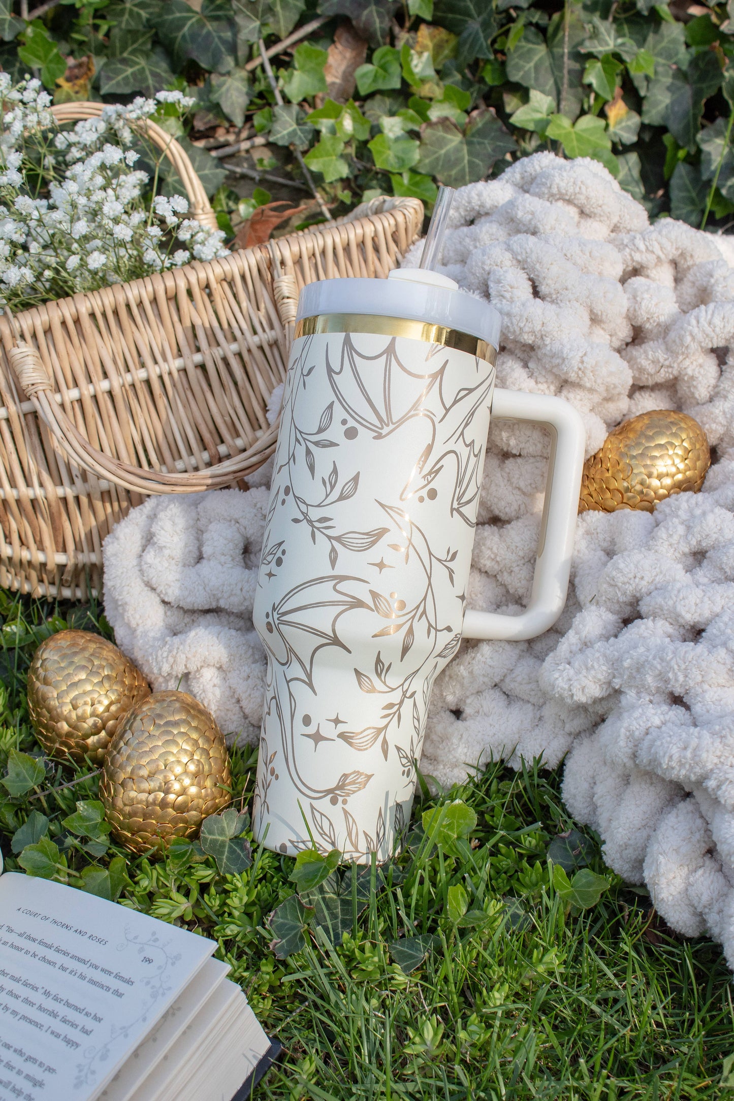 Engraved Gold Dragons Bookish 40oz Tumbler: White and Gold