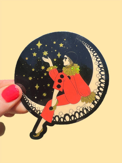 3 Inch Sticker Pierrot Clown on the Moon BLACK Sparkle