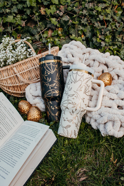 Engraved Gold Dragons Bookish 40oz Tumbler: White and Gold