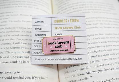 Book lovers club pin – gold enamel – pink, bookish
