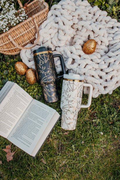 Engraved Gold Dragons Bookish 40oz Tumbler: White and Gold