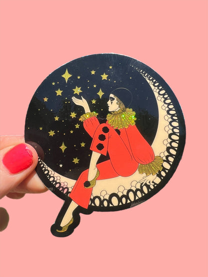 3 Inch Sticker Pierrot Clown on the Moon BLACK Sparkle