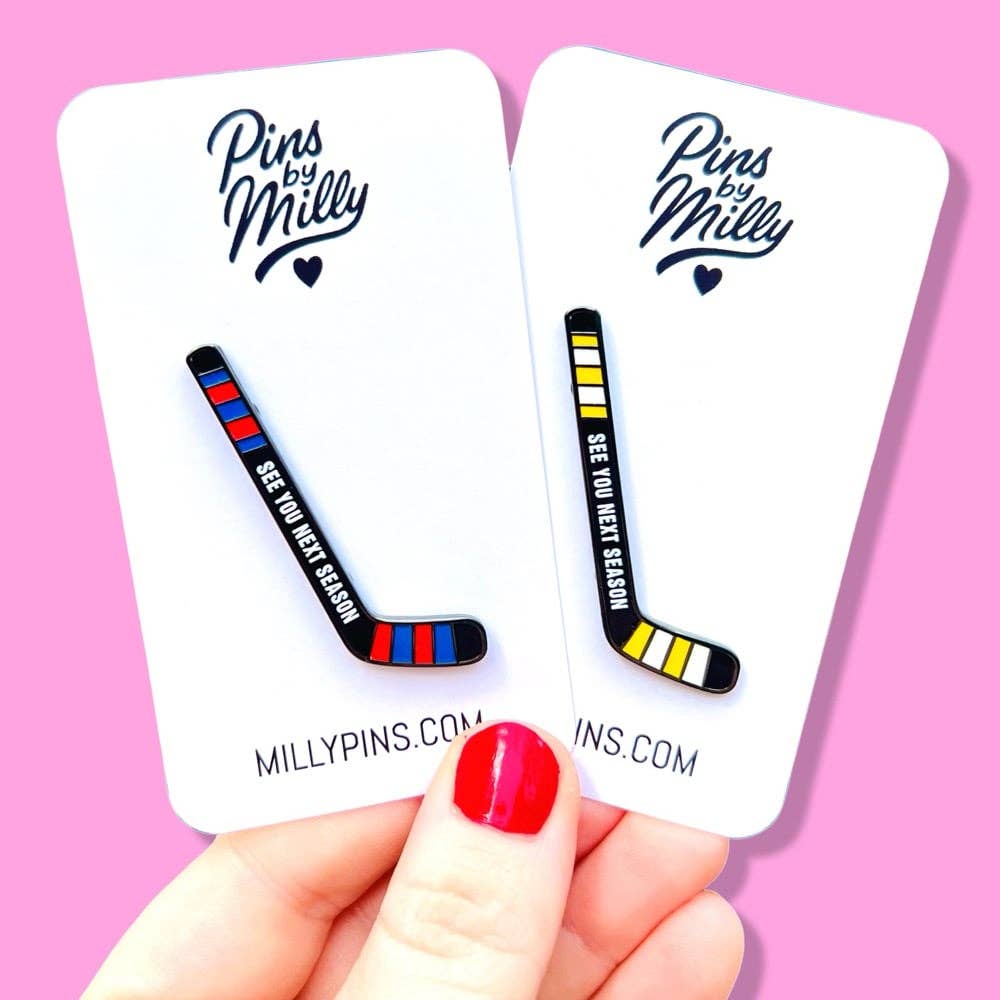 Heated Rivalry “See You Next Season” Hockey Stick Enamel Pins: Blue/Red Hockey Stick