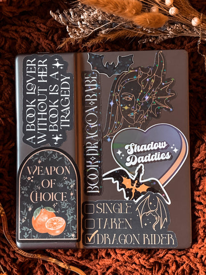 Fantasy Kindle Lover Tragedy Sticker: Black w/White text / Matte WITH laminate
