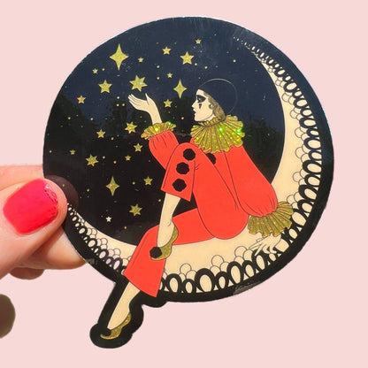 3 Inch Sticker Pierrot Clown on the Moon BLACK Sparkle