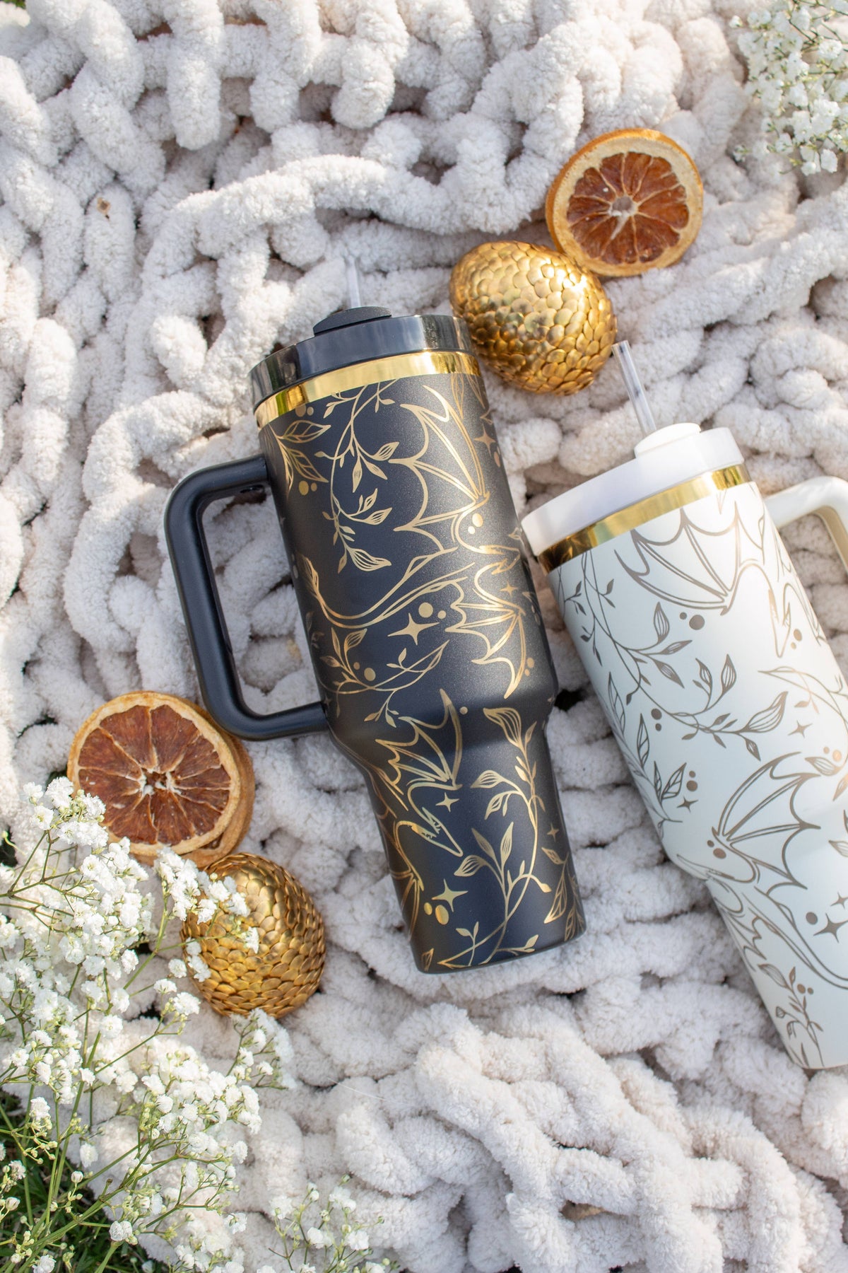 Engraved Gold Dragons Bookish 40oz Tumbler: White and Gold