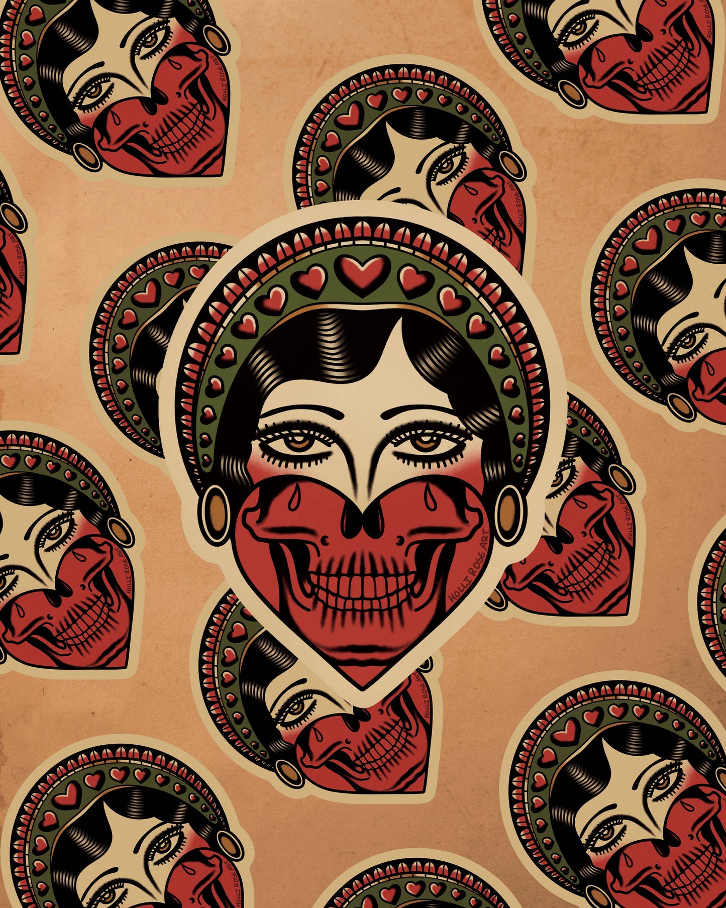 American Traditional Girl Face Skull Tattoo