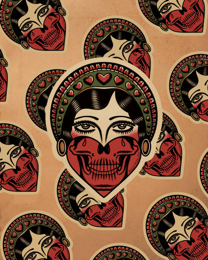 American Traditional Girl Face Skull Tattoo