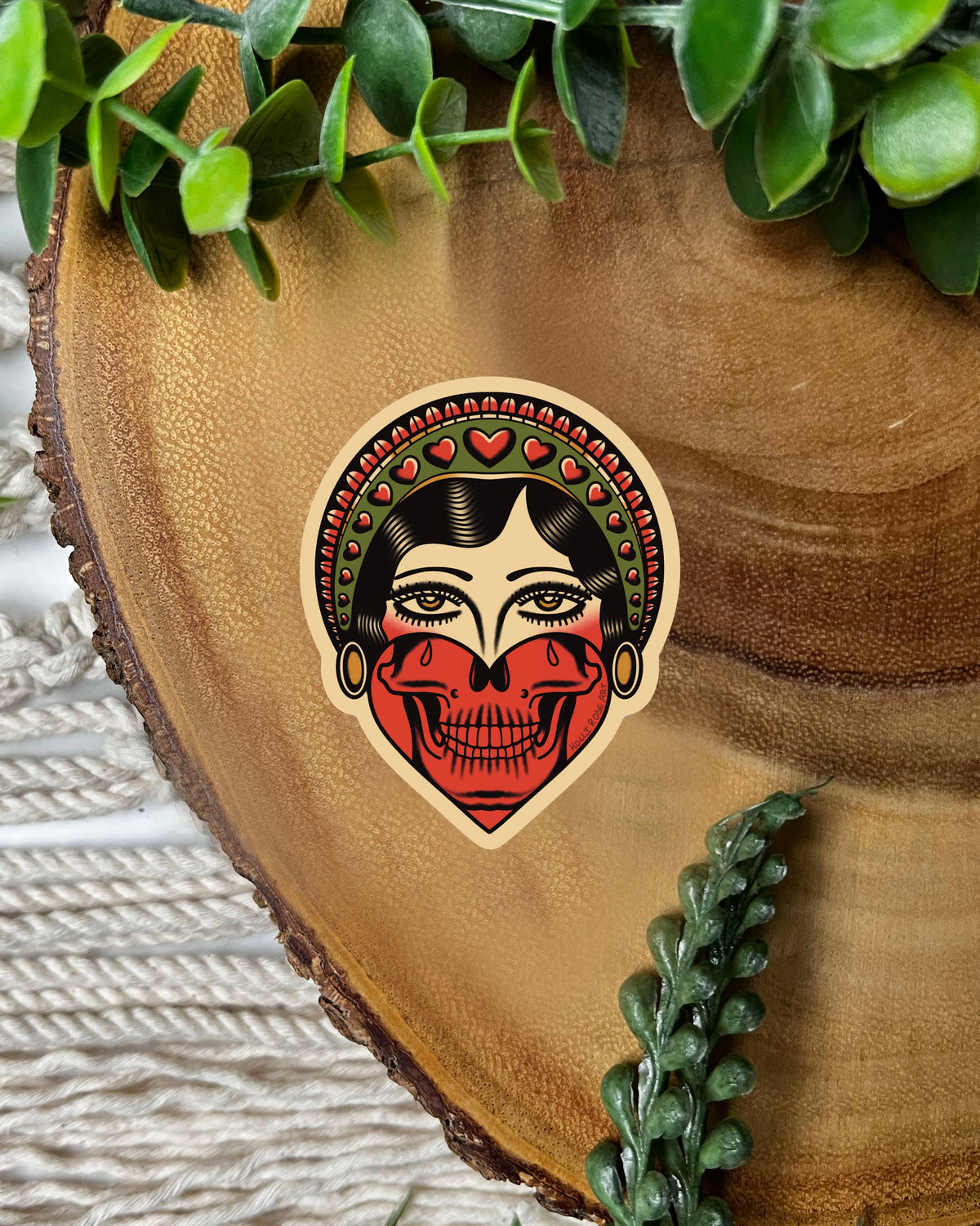 American Traditional Girl Face Skull Tattoo