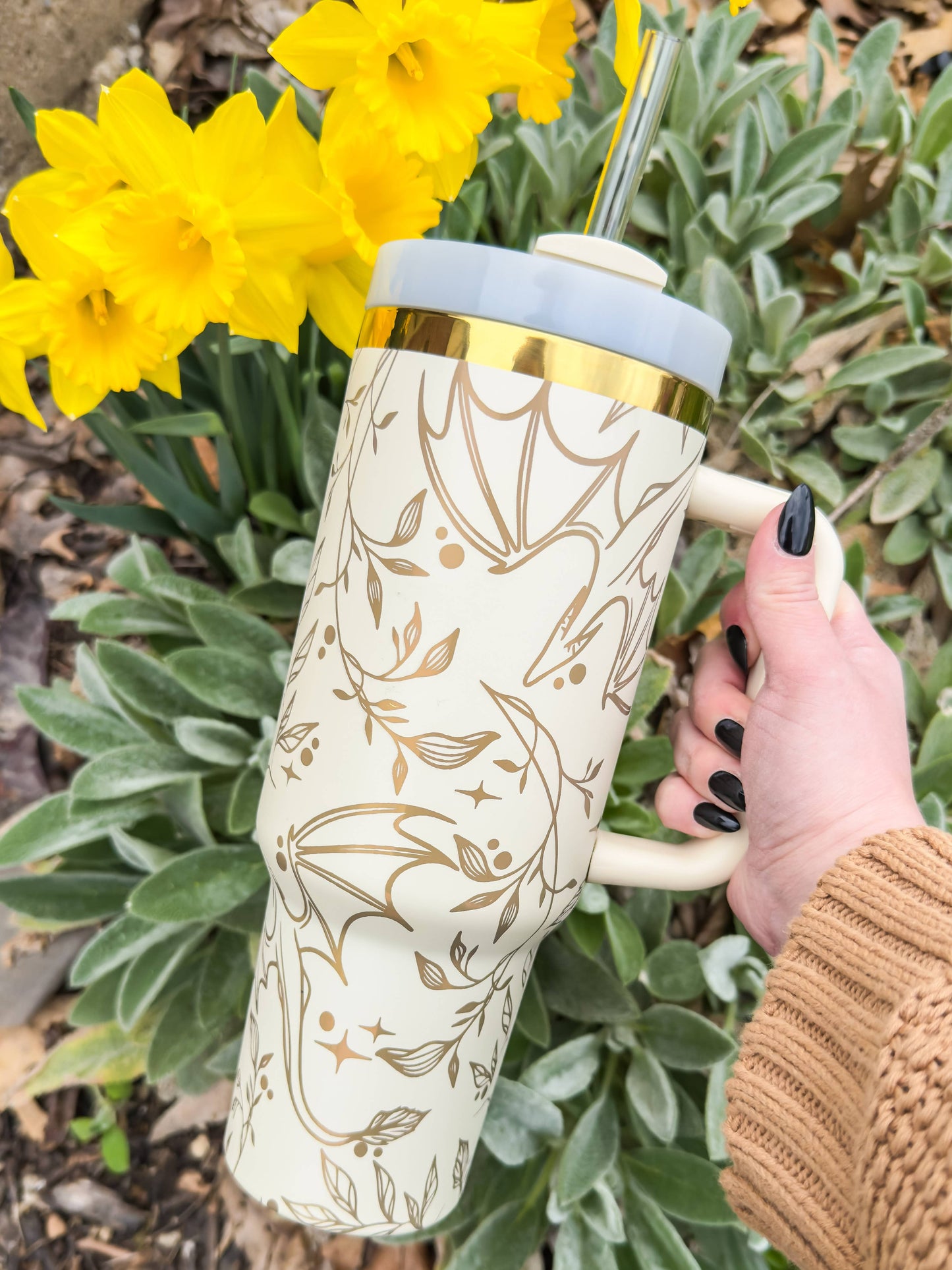Engraved Gold Dragons Bookish 40oz Tumbler: Black and Gold